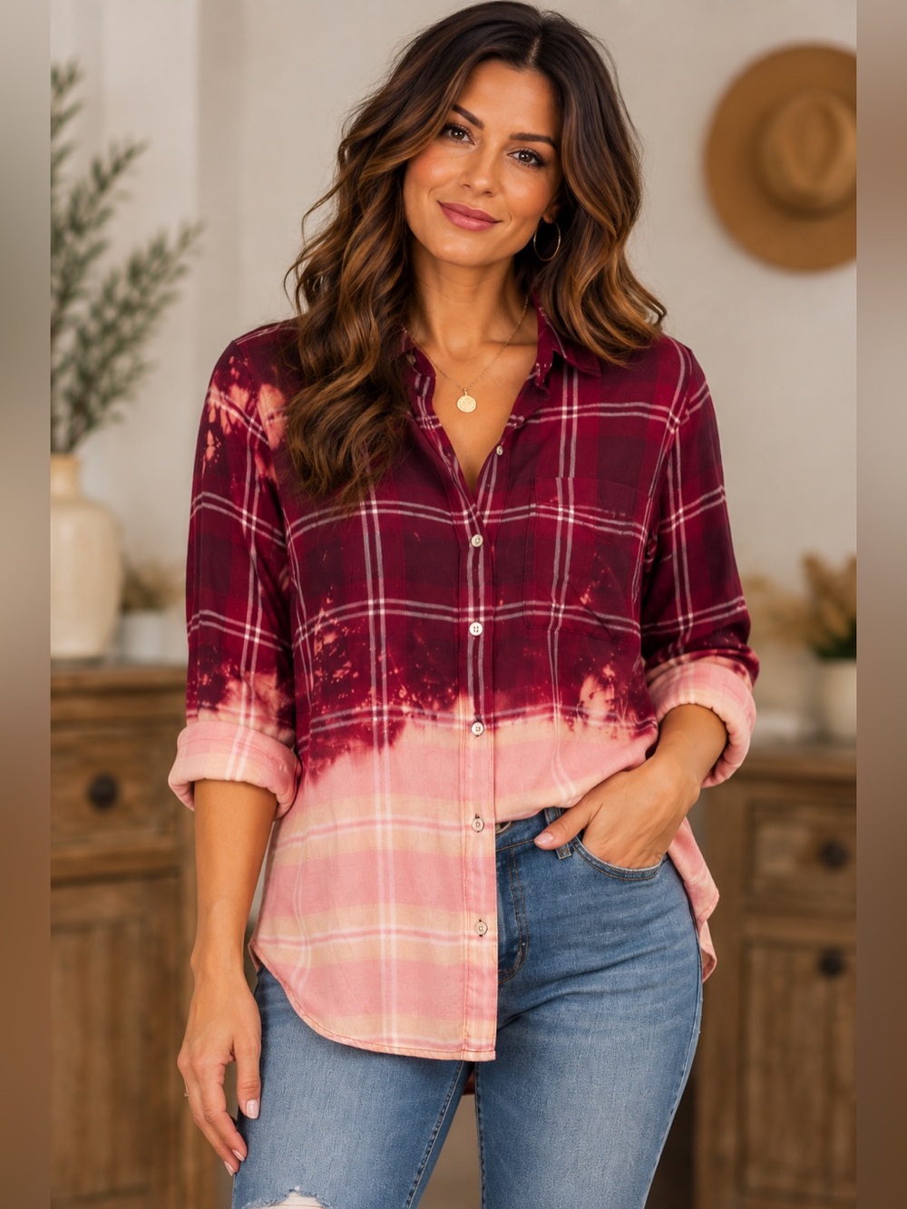 Upcycled Old Navy Dip-Dyed Plaid Flannel – Size Small – OOAK